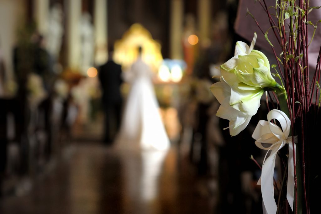 White flower wedding decoration in a chapel