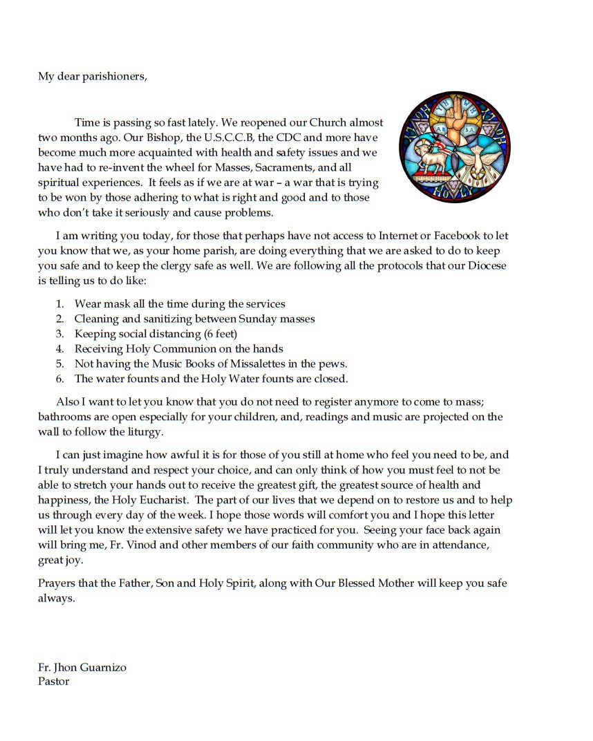 Back to Church Letter from Father Jhon